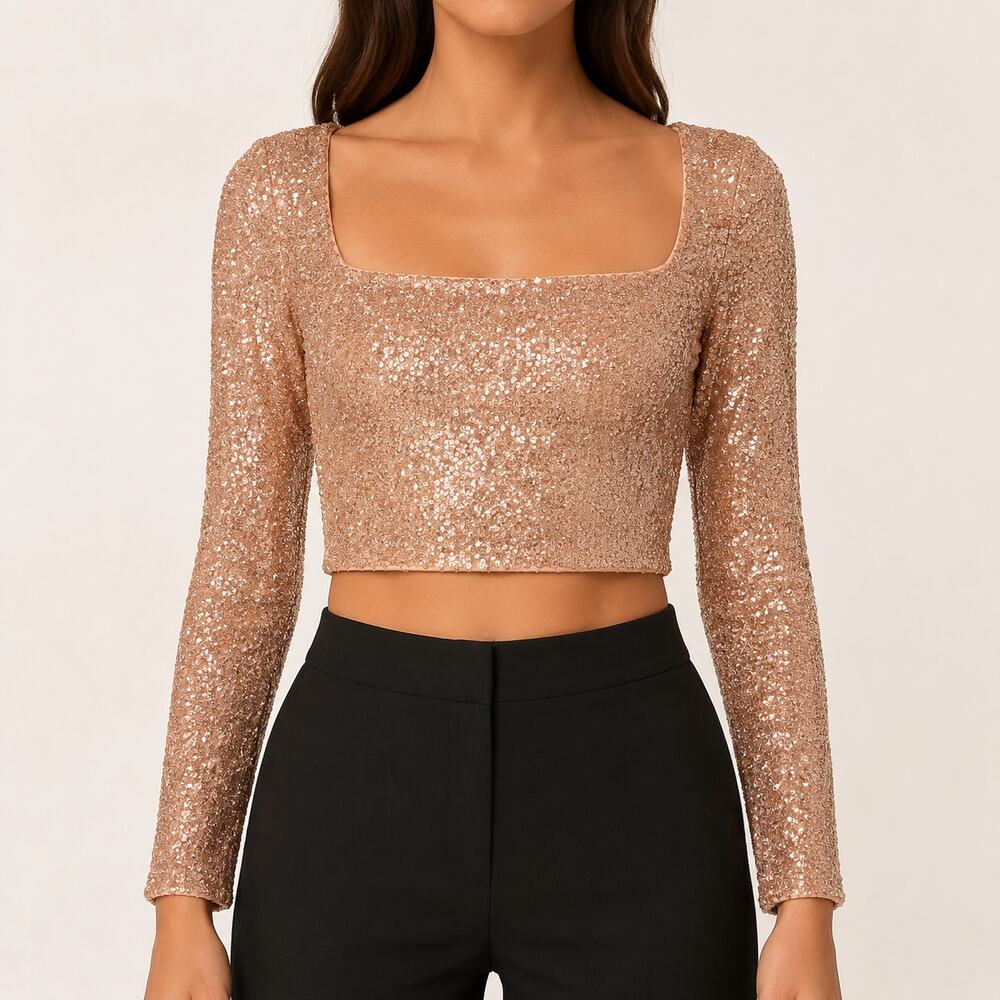 Susana Monaco Rose Gold Sequin Square Neck Crop Top SM